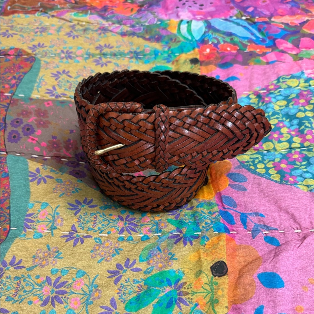 Vintage Woven Leather Belt Western Chunky Buckle Size L Coastal Boho Chic Beach - Picture 10 of 11